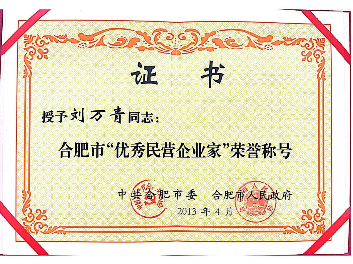 董事長劉萬青被合肥市委、合肥市人民政府授予“合肥市優(yōu)秀民營企業(yè)家”榮譽稱號